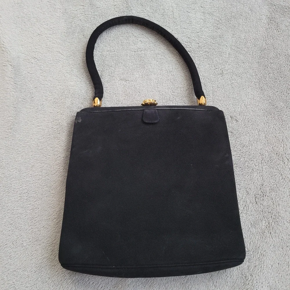 Vintage 60s Coblentz perma‎ suede black satchel handbag purse gold rose detail